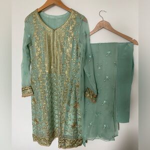 Pakistani:Indian 3 piece Chiffon dress- green and gold
